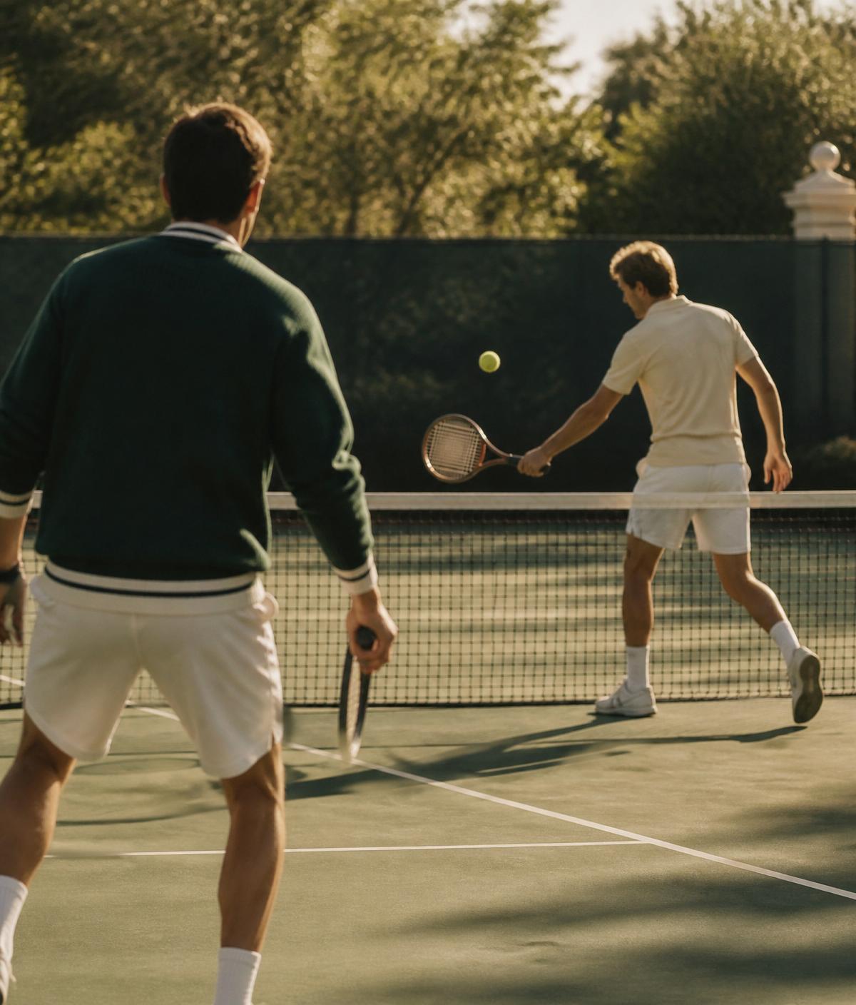 Two people playing tennis together on a sunlit court