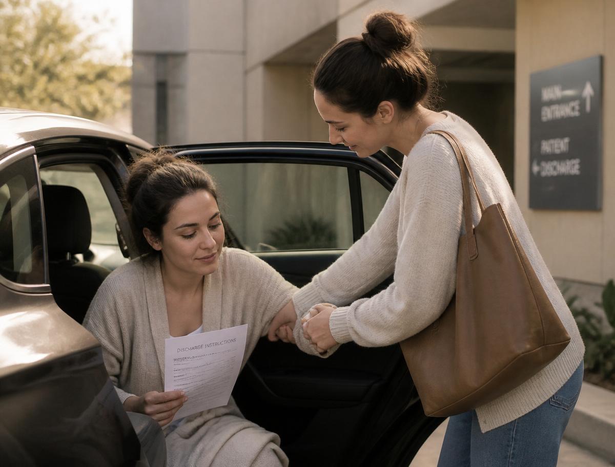 A woman in everyday clothing helping another woman into a car after an appointment