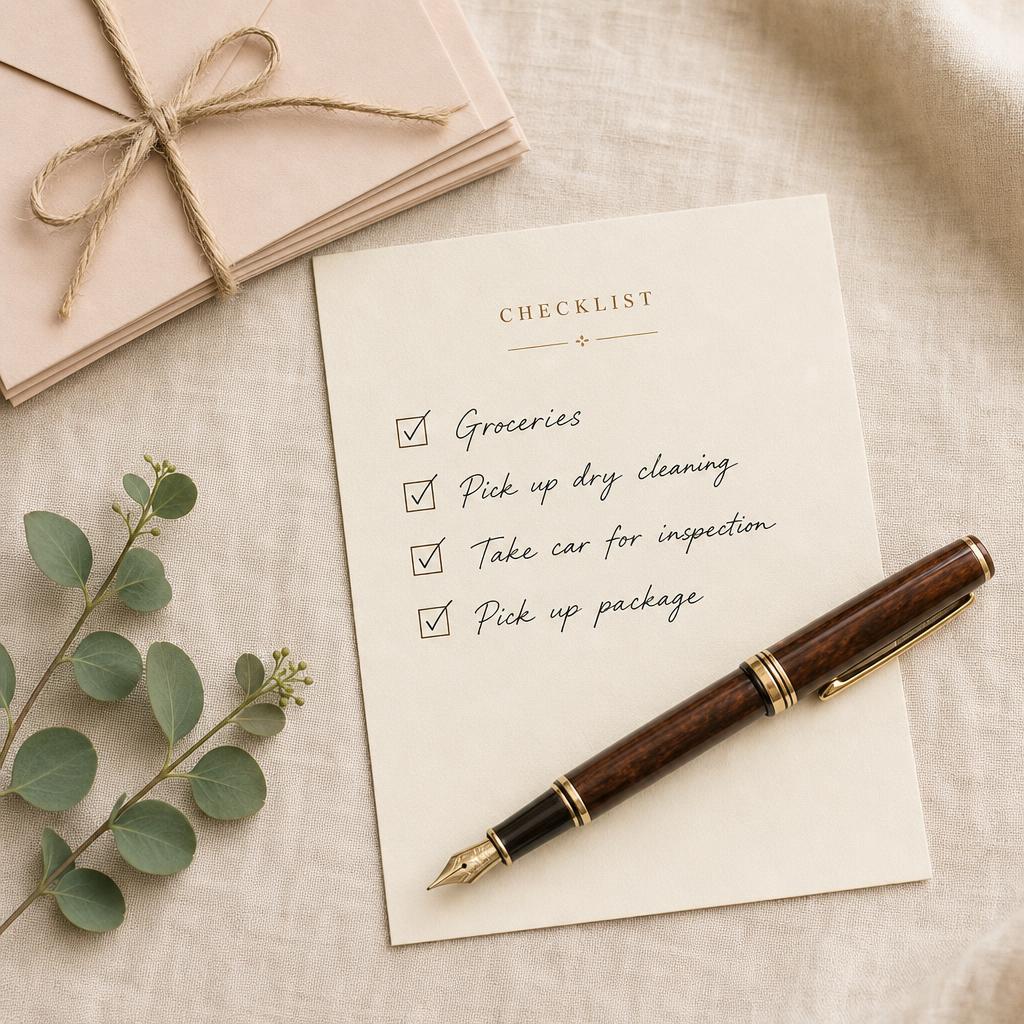 A handwritten errand checklist beside everyday household items on a warm, sunlit surface
