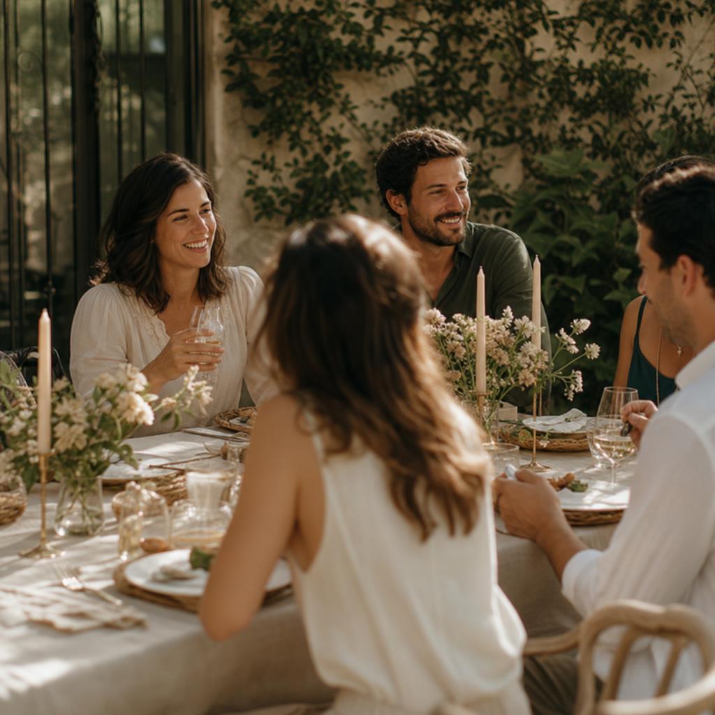 An intimate gathering around an elegantly set table with candles and flowers
