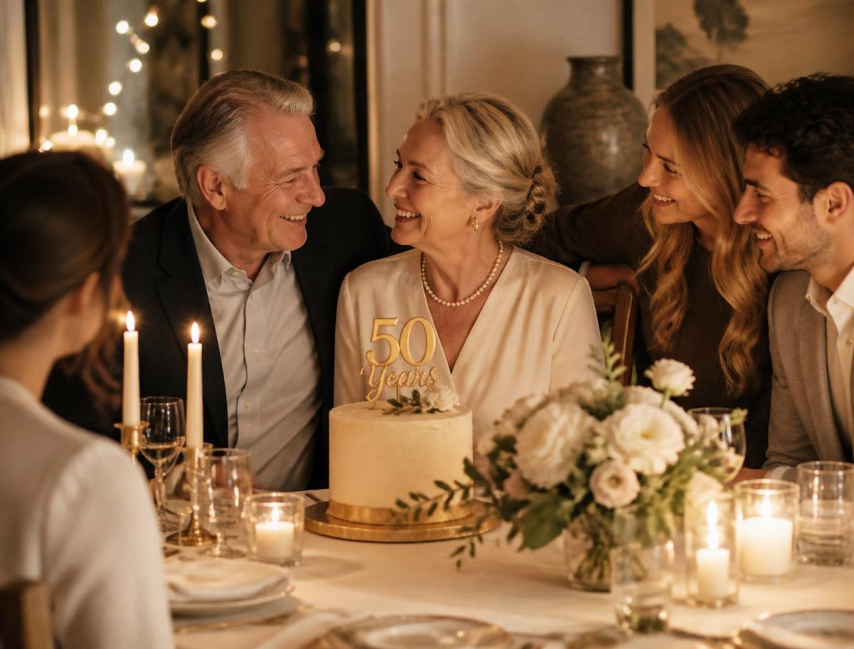 A small candlelit gathering celebrating an older couple's 50th wedding anniversary